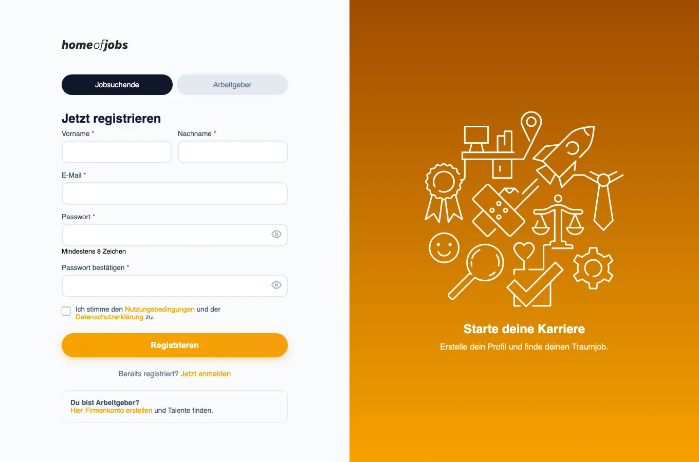 Registrierung bei home of jobs